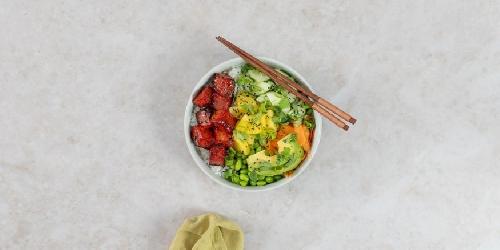 vegane Poke Bowl Wassermelonen-Thunfisch